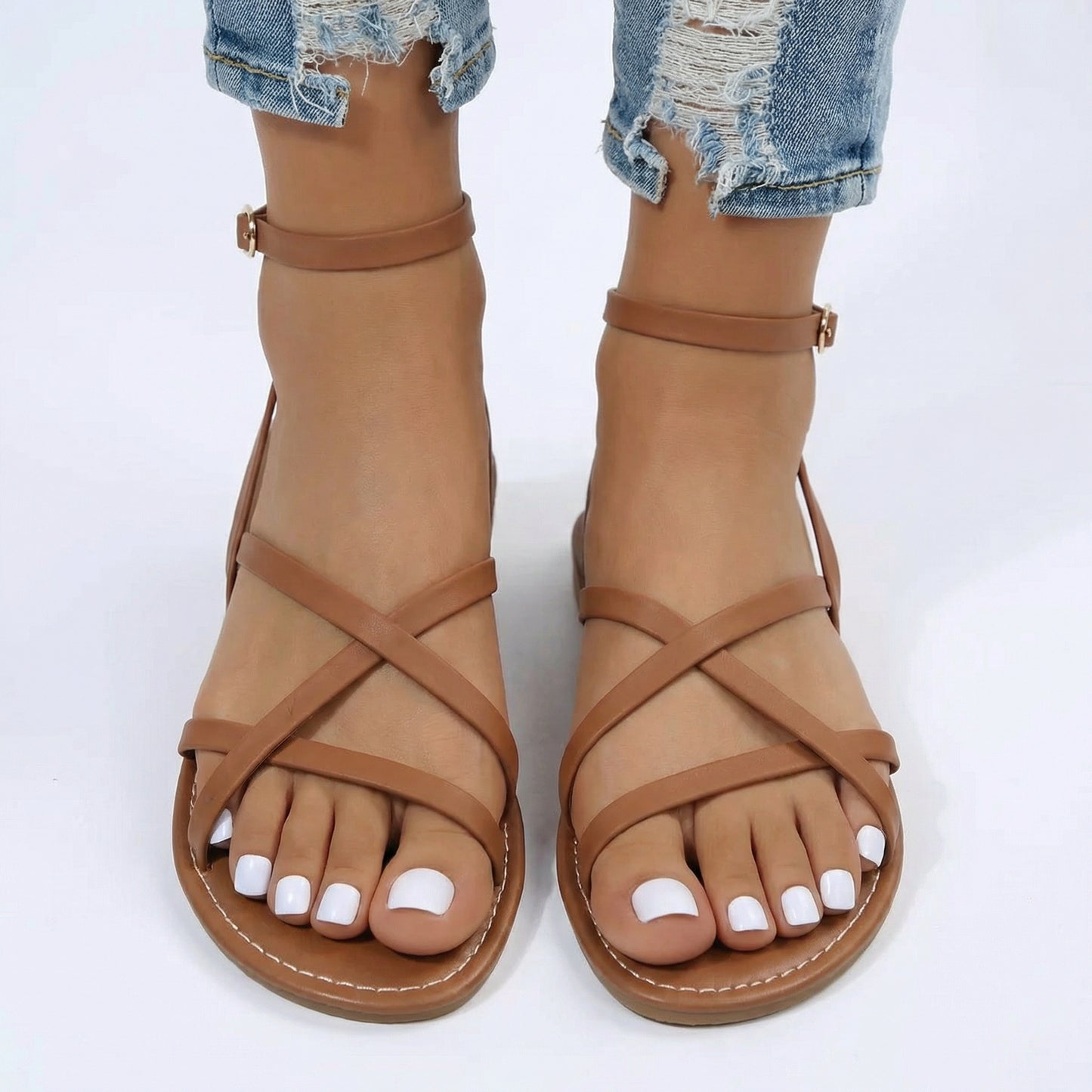 Strappy Ankle Wrap Sandals - Cushioned Insole, Back Zipper, Non-Slip Sole