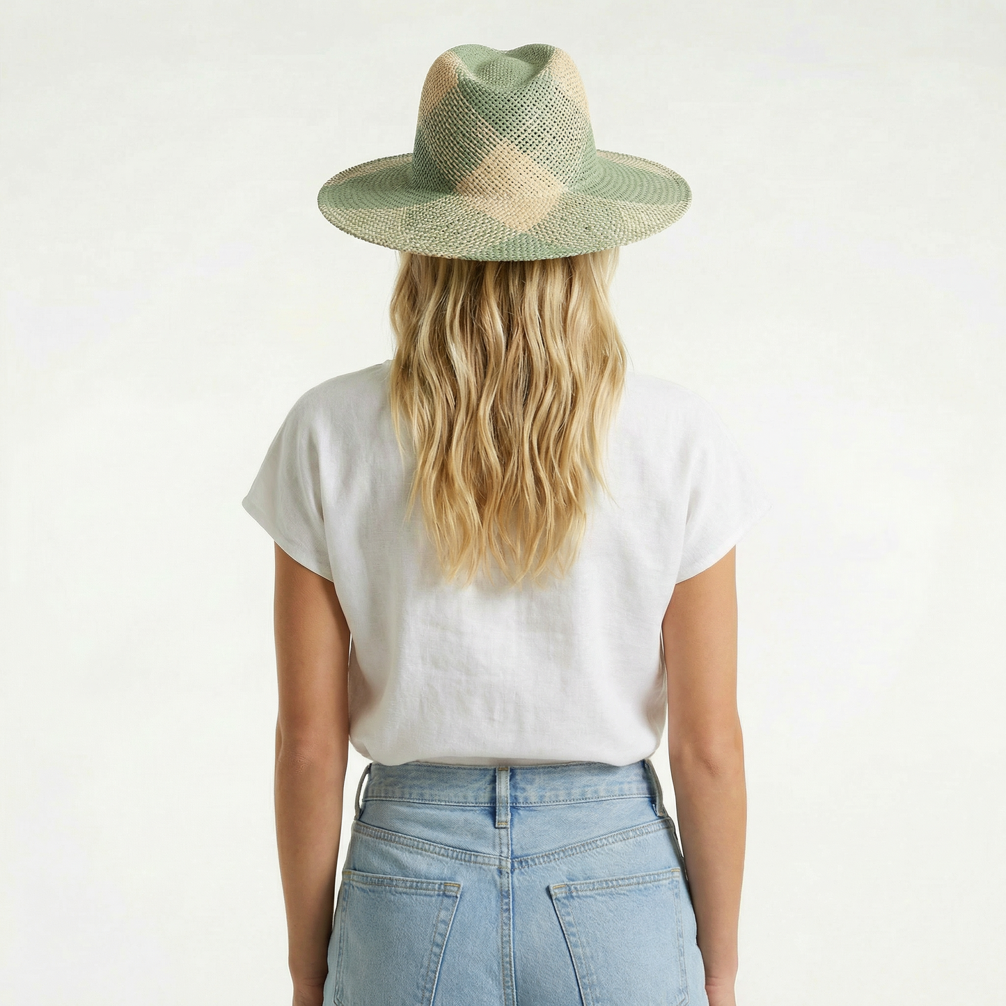 Green Straw Fedora Hat - Two-Tone Design, Braided Band, Wide Brim