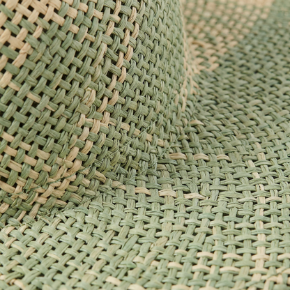 Green Straw Fedora Hat - Two-Tone Design, Braided Band, Wide Brim
