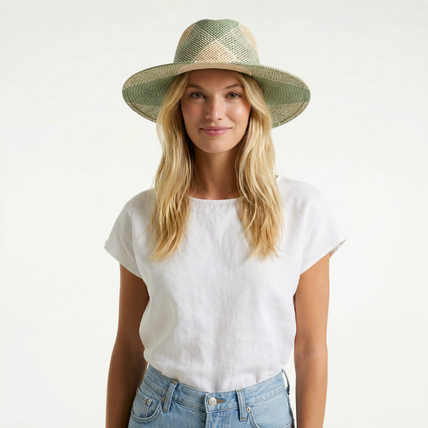 Green Straw Fedora Hat - Two-Tone Design, Braided Band, Wide Brim