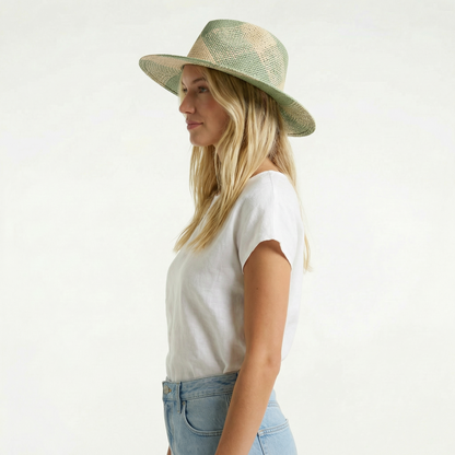 Green Straw Fedora Hat - Two-Tone Design, Braided Band, Wide Brim