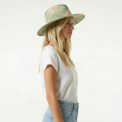 Green Straw Fedora Hat - Two-Tone Design, Braided Band, Wide Brim