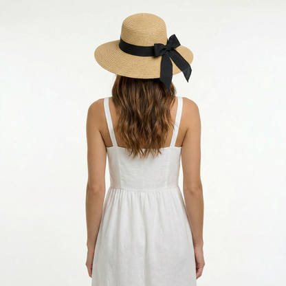 Straw Swinger Hat - Raffia Design, Cotton Band, Back Bow