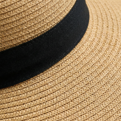 Straw Swinger Hat - Raffia Design, Cotton Band, Back Bow