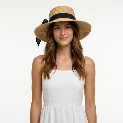 Straw Swinger Hat - Raffia Design, Cotton Band, Back Bow