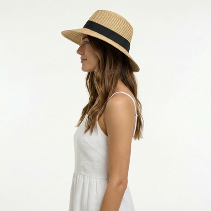 Straw Swinger Hat - Raffia Design, Cotton Band, Back Bow