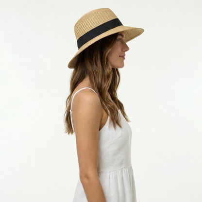 Straw Swinger Hat - Raffia Design, Cotton Band, Back Bow