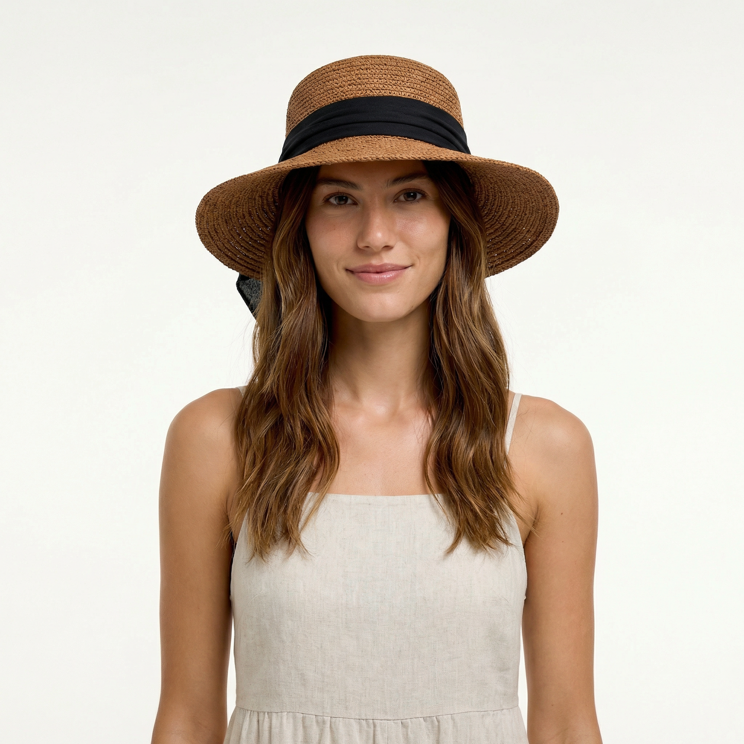 Straw Swinger Hat - Raffia Design, Cotton Band, Back Bow