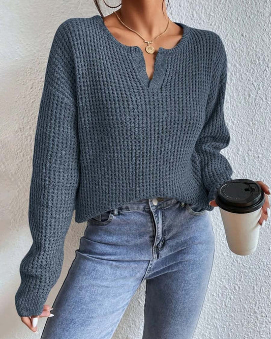 Textured Knit Split Neck Sweater