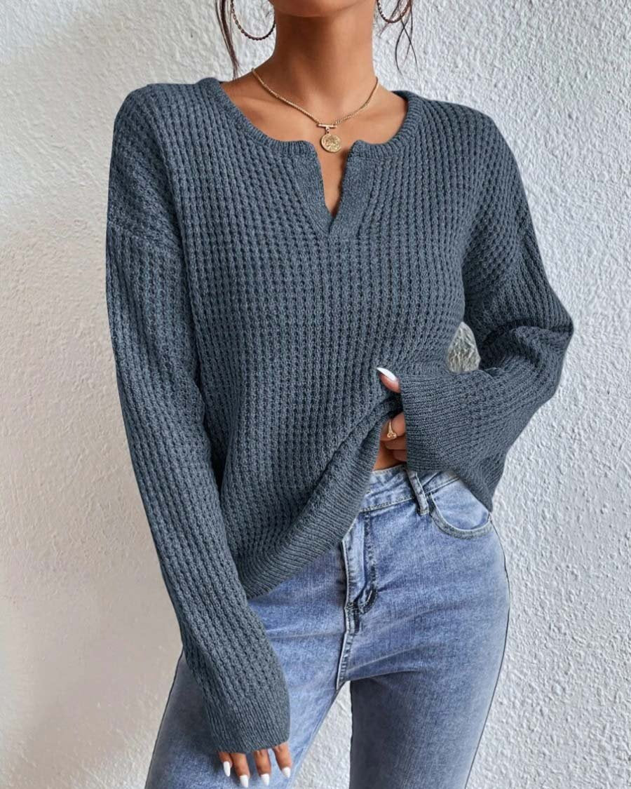 Textured Knit Split Neck Sweater