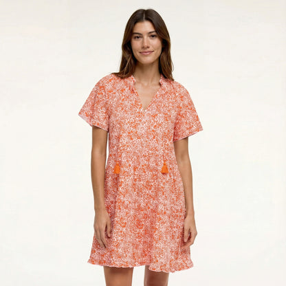 Orange Tiered Short Sleeve Dress - UPF 50+ Protection, Ruffle Sleeves, Tassel Drawstring