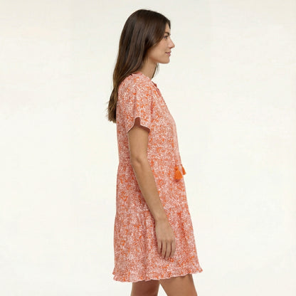 Orange Tiered Short Sleeve Dress - UPF 50+ Protection, Ruffle Sleeves, Tassel Drawstring