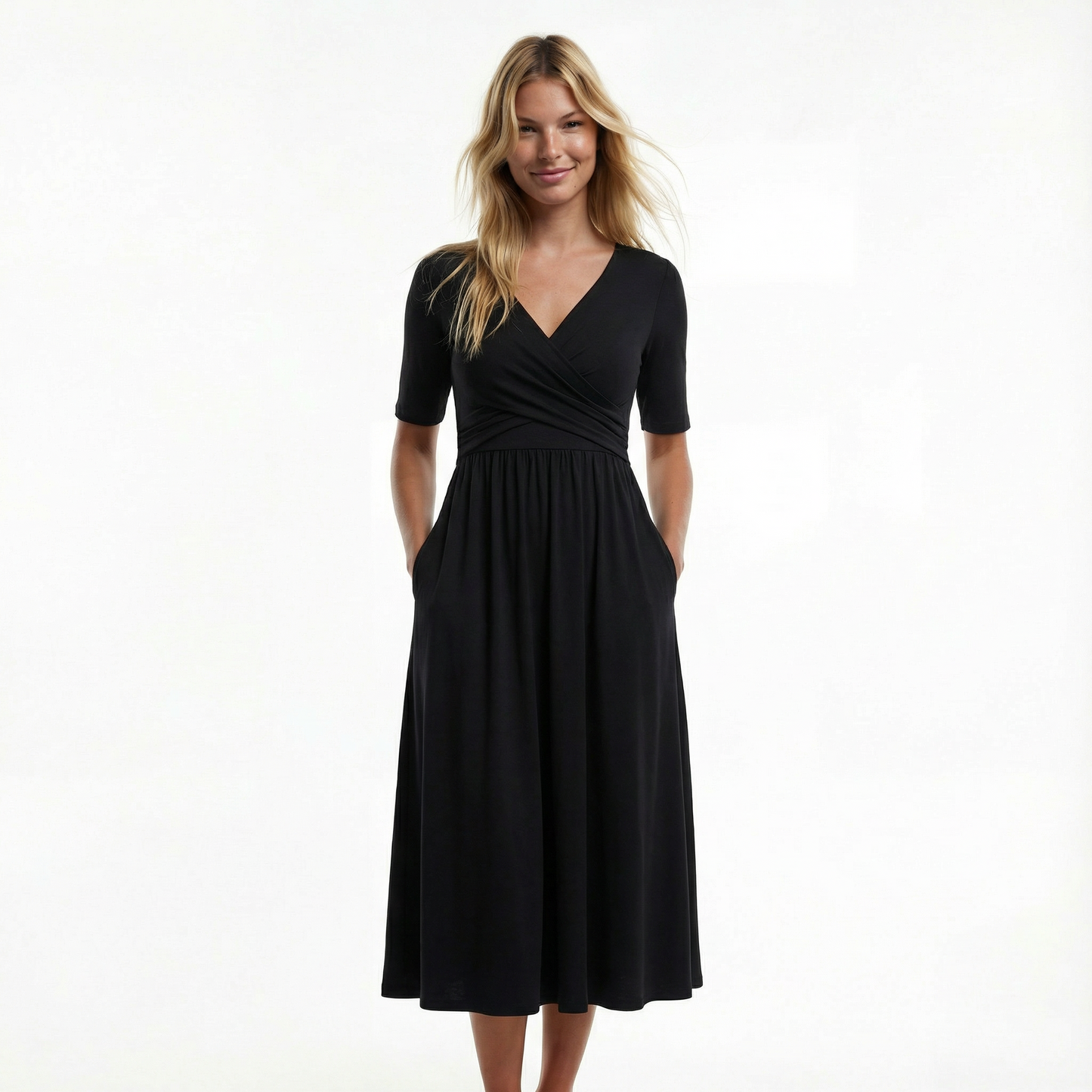 Wedding Guest Midi Dress - Wrap V-Neck, Elbow Sleeve, Side Pockets