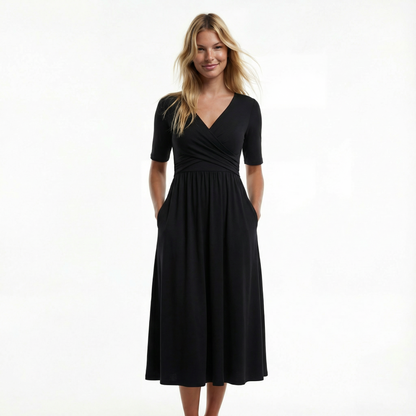 Wedding Guest Midi Dress - Wrap V-Neck, Elbow Sleeve, Side Pockets