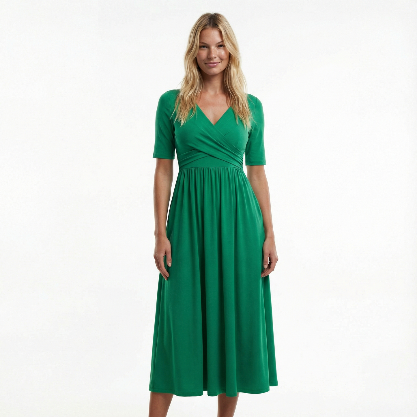 Wedding Guest Midi Dress - Wrap V-Neck, Elbow Sleeve, Side Pockets