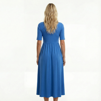 Wedding Guest Midi Dress - Wrap V-Neck, Elbow Sleeve, Side Pockets
