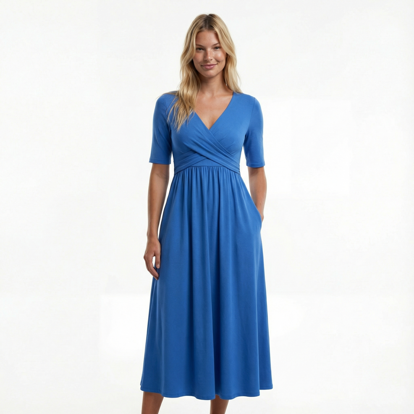Wedding Guest Midi Dress - Wrap V-Neck, Elbow Sleeve, Side Pockets