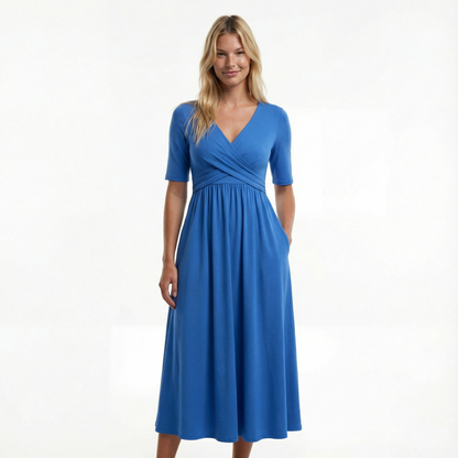 Wedding Guest Midi Dress - Wrap V-Neck, Elbow Sleeve, Side Pockets