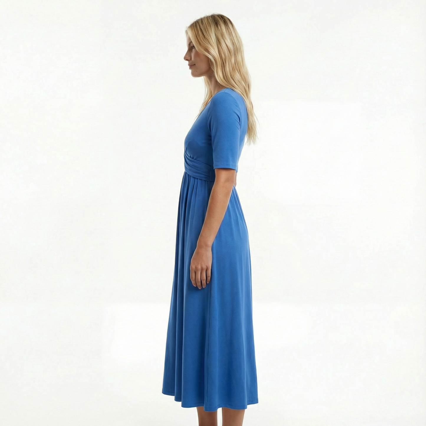 Wedding Guest Midi Dress - Wrap V-Neck, Elbow Sleeve, Side Pockets