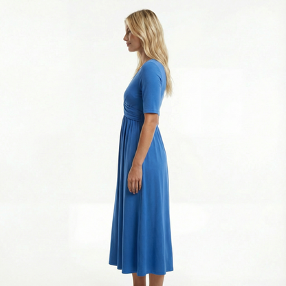 Wedding Guest Midi Dress - Wrap V-Neck, Elbow Sleeve, Side Pockets