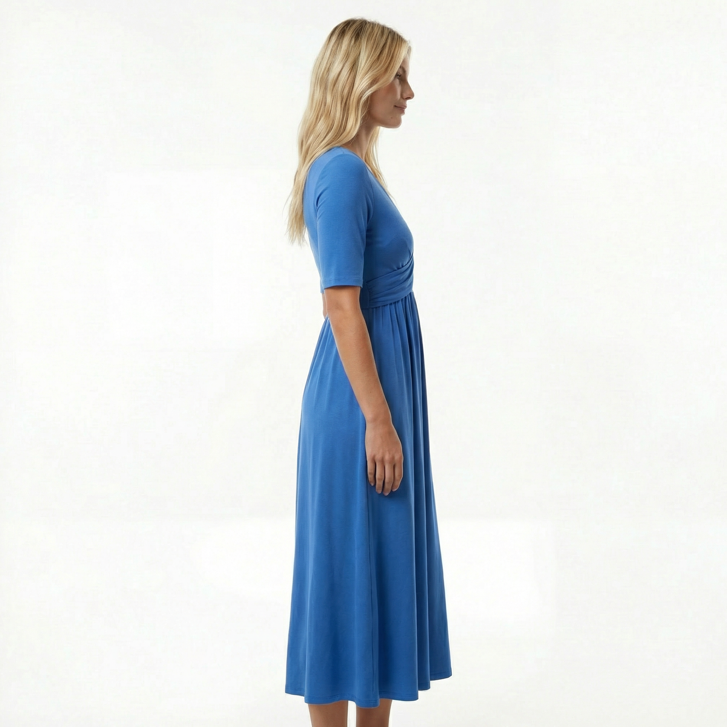 Wedding Guest Midi Dress - Wrap V-Neck, Elbow Sleeve, Side Pockets
