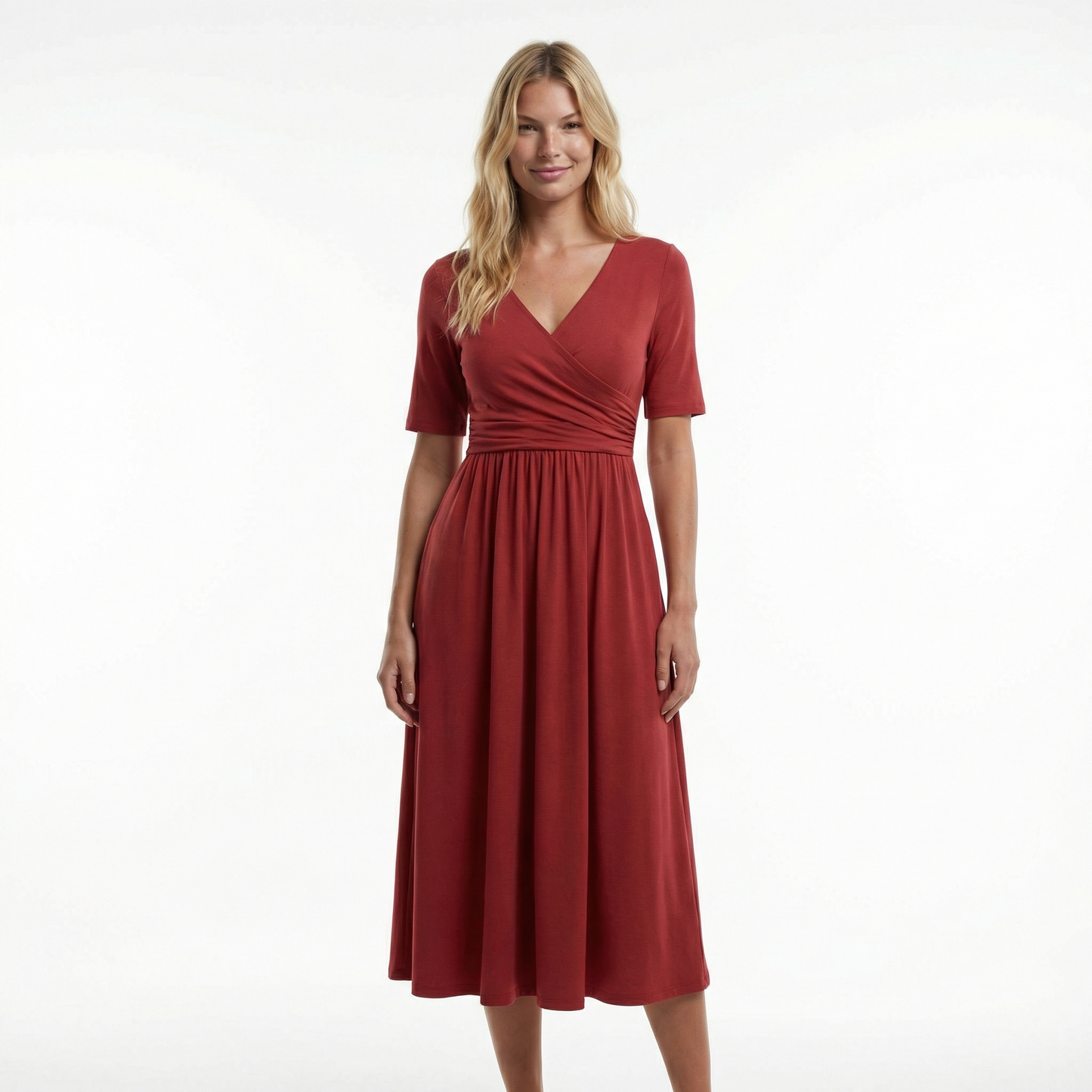 Wedding Guest Midi Dress - Wrap V-Neck, Elbow Sleeve, Side Pockets