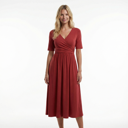 Wedding Guest Midi Dress - Wrap V-Neck, Elbow Sleeve, Side Pockets
