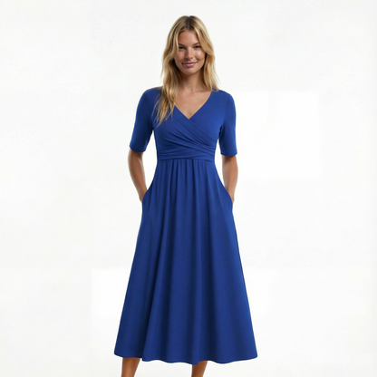 Wedding Guest Midi Dress - Wrap V-Neck, Elbow Sleeve, Side Pockets