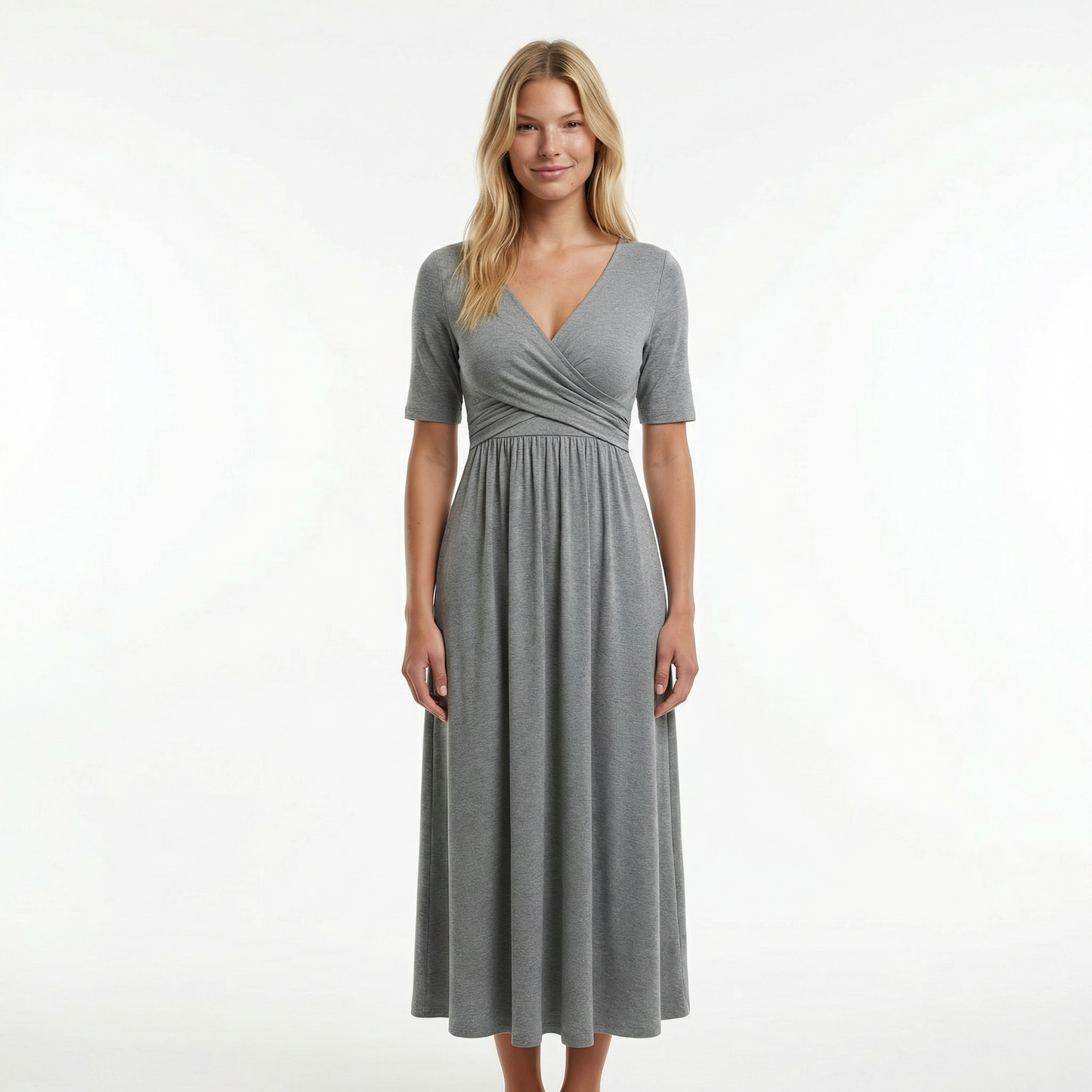 Wedding Guest Midi Dress - Wrap V-Neck, Elbow Sleeve, Side Pockets