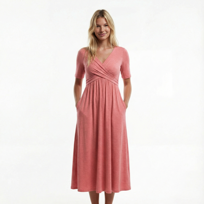 Wedding Guest Midi Dress - Wrap V-Neck, Elbow Sleeve, Side Pockets