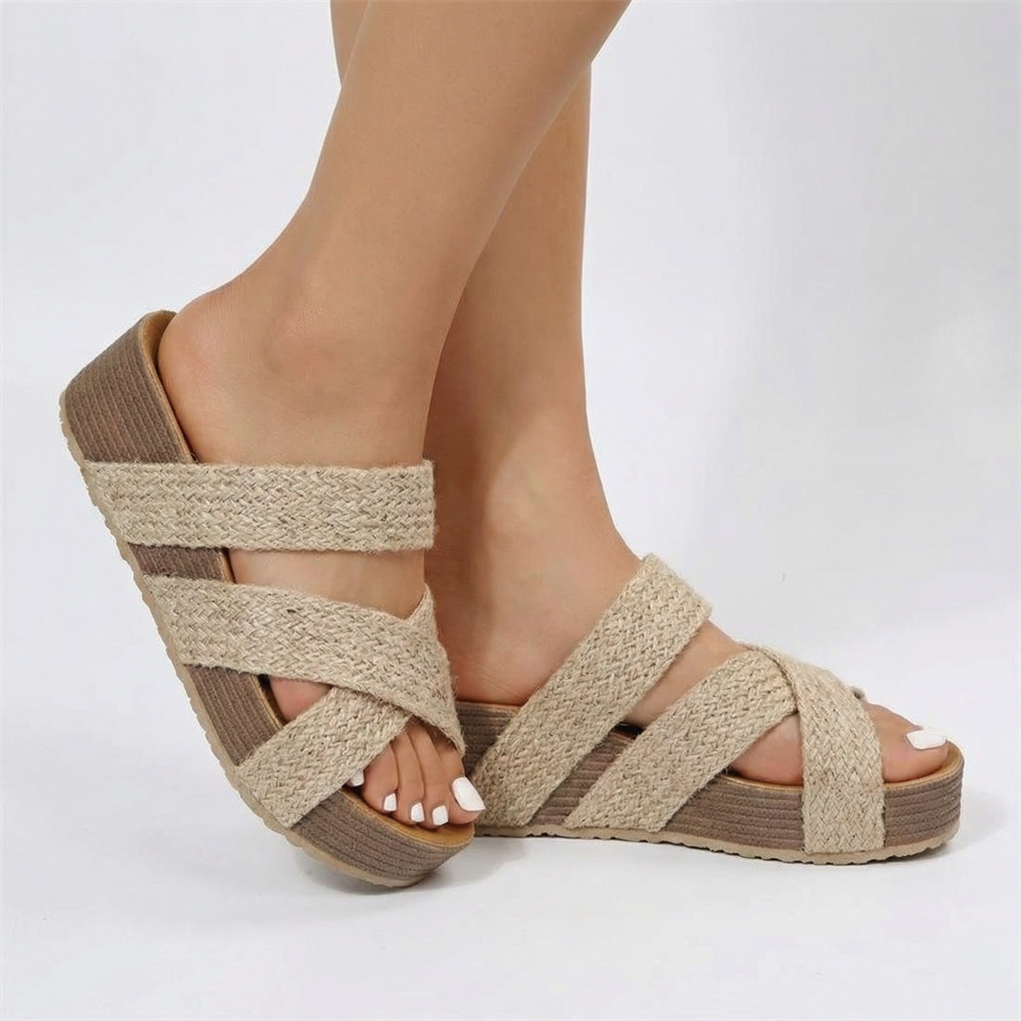 Wedge Sandals - Open Toe, Elastic Crisscross Straps