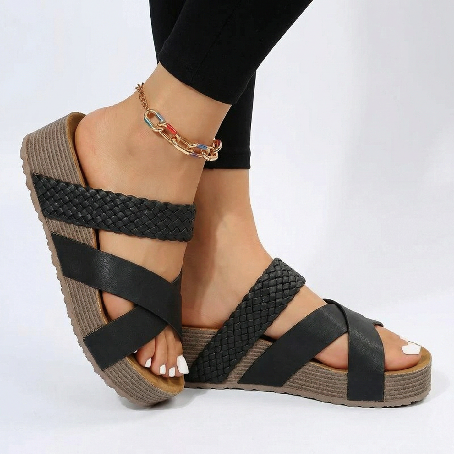 Wedge Sandals - Open Toe, Elastic Crisscross Straps