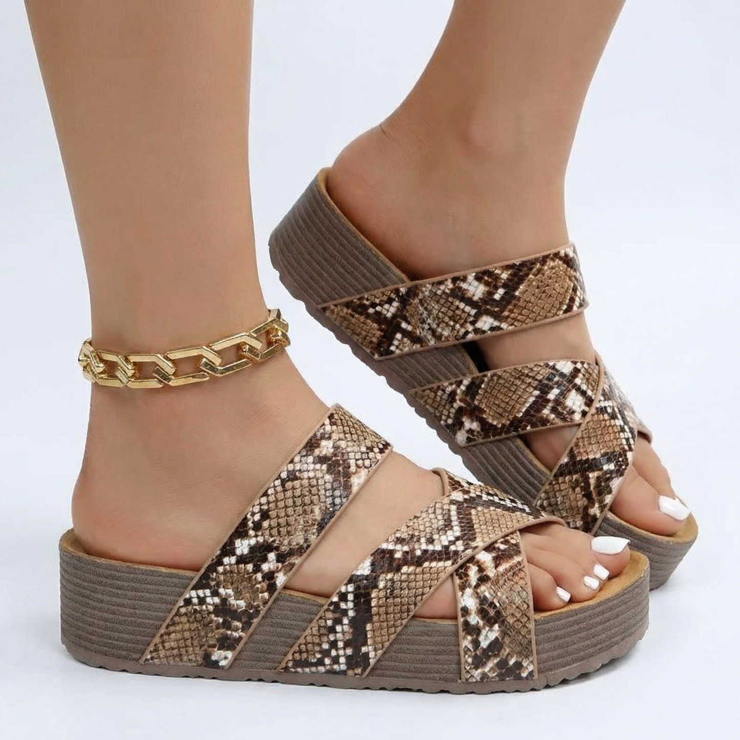 Wedge Sandals - Open Toe, Elastic Crisscross Straps