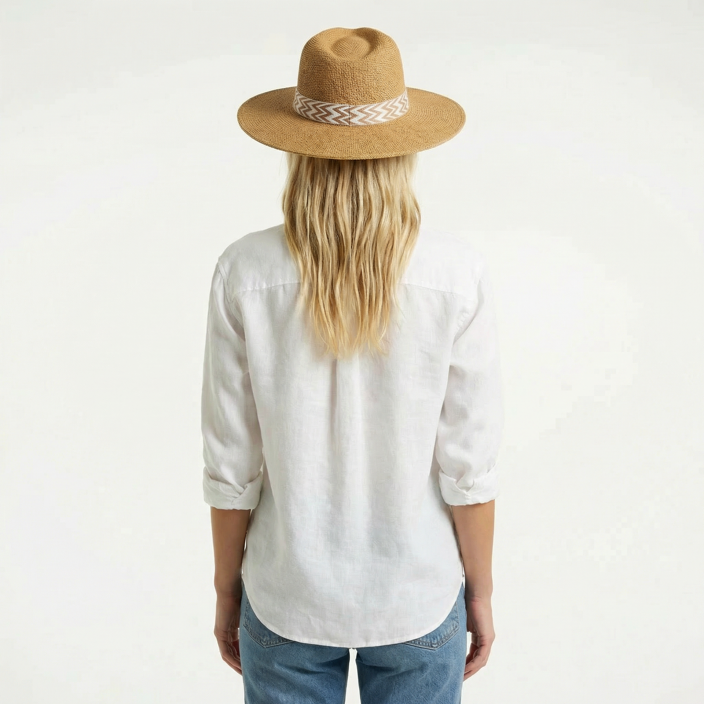 Brown Western Straw Hat - Pinch Crease, Flat Brim, Printed Hat Band