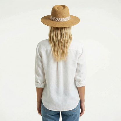 Brown Western Straw Hat - Pinch Crease, Flat Brim, Printed Hat Band