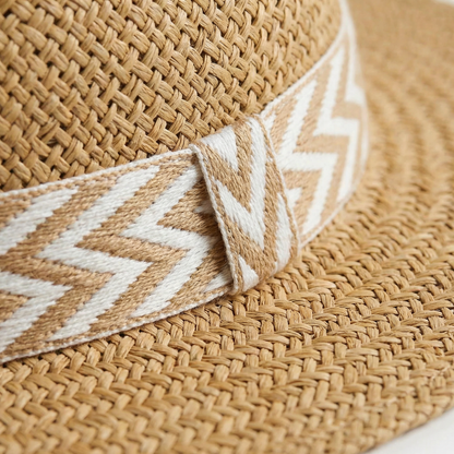 Brown Western Straw Hat - Pinch Crease, Flat Brim, Printed Hat Band
