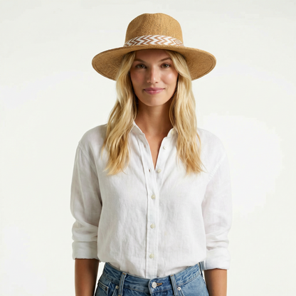 Brown Western Straw Hat - Pinch Crease, Flat Brim, Printed Hat Band