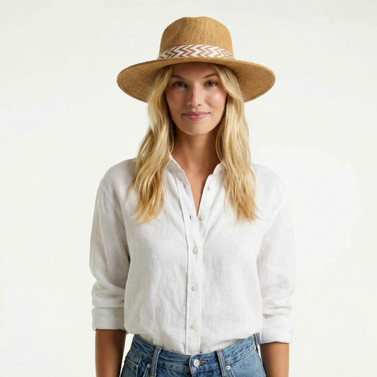 Brown Western Straw Hat - Pinch Crease, Flat Brim, Printed Hat Band