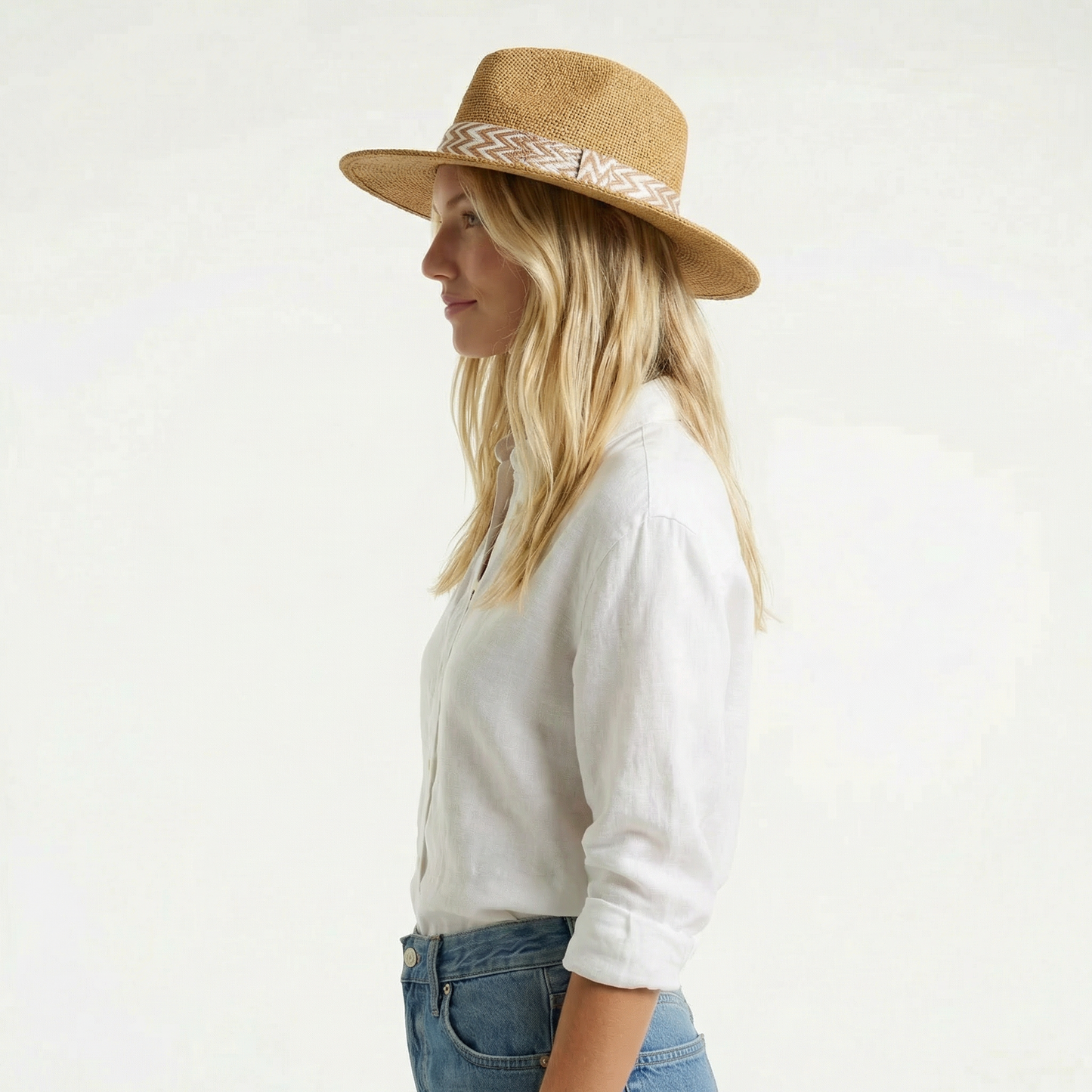 Brown Western Straw Hat - Pinch Crease, Flat Brim, Printed Hat Band