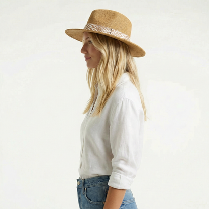 Brown Western Straw Hat - Pinch Crease, Flat Brim, Printed Hat Band