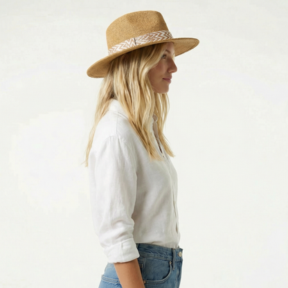 Brown Western Straw Hat - Pinch Crease, Flat Brim, Printed Hat Band