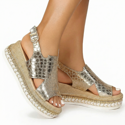 Wide Fit Platform Sandals - Metallic Finish, Extra Wide Toe Box, Adjustable Slingback