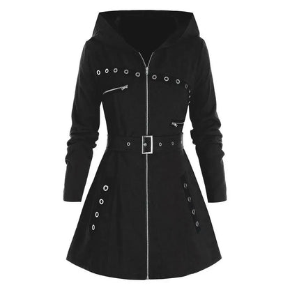 Women’s Belted Hooded Coat – Front Zip, Grommet Detail, A-Line Shape
