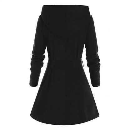 Women’s Belted Hooded Coat – Front Zip, Grommet Detail, A-Line Shape