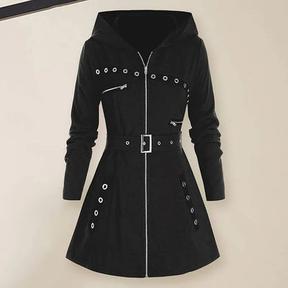 Women’s Belted Hooded Coat – Front Zip, Grommet Detail, A-Line Shape