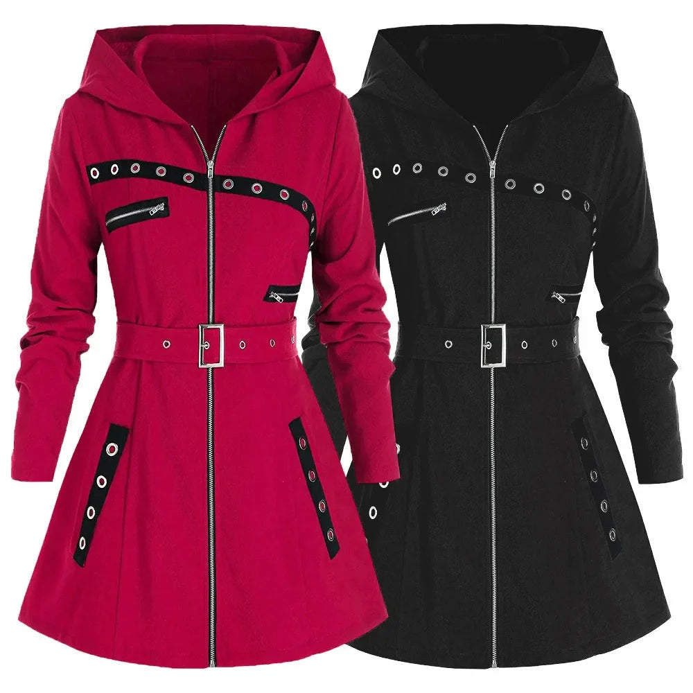 Women’s Belted Hooded Coat – Front Zip, Grommet Detail, A-Line Shape