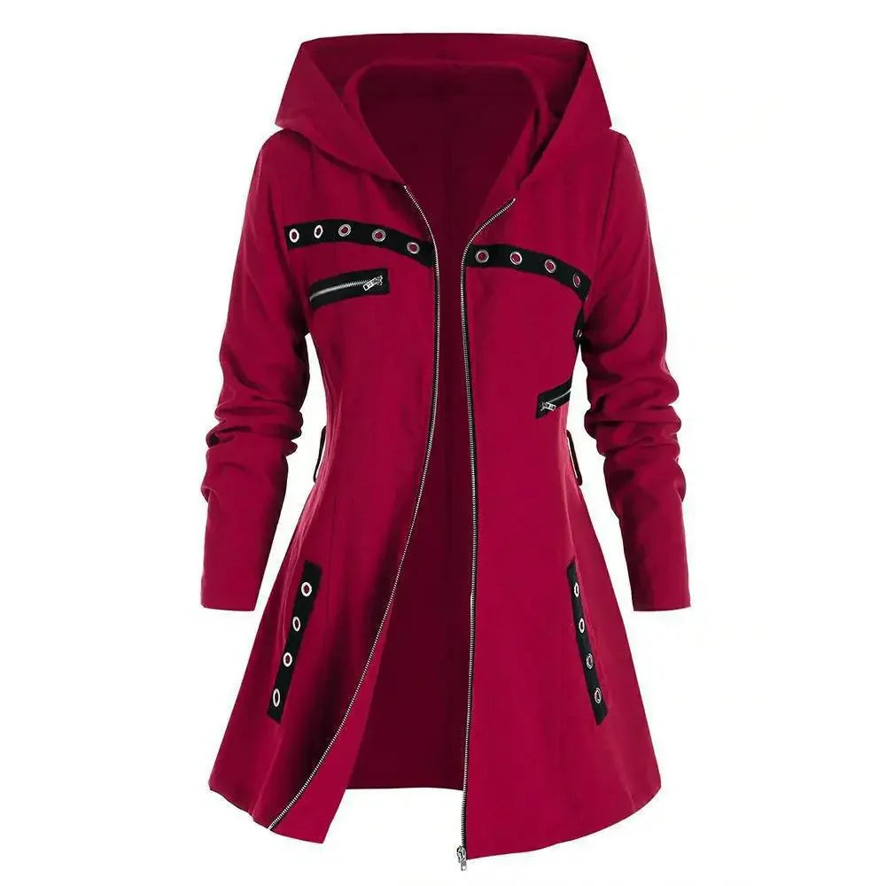 Women’s Belted Hooded Coat – Front Zip, Grommet Detail, A-Line Shape