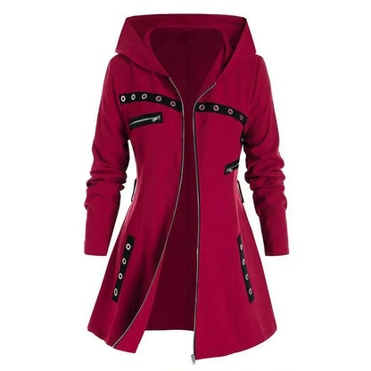 Women’s Belted Hooded Coat – Front Zip, Grommet Detail, A-Line Shape