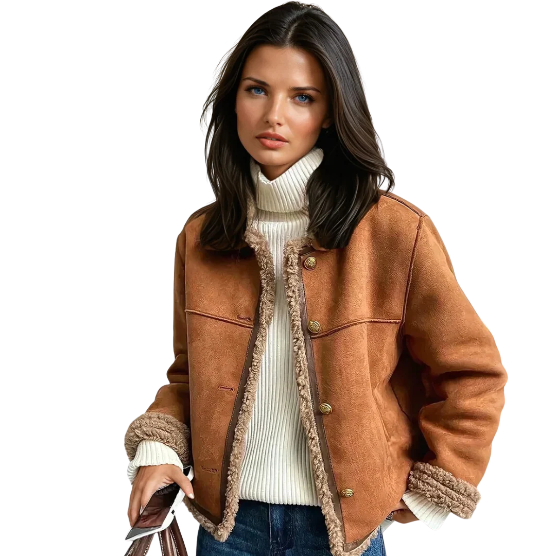 Women’s Button-Up Shearling Jacket – Faux Suede with Soft Inner Lining