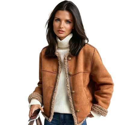 Women’s Button-Up Shearling Jacket – Faux Suede with Soft Inner Lining